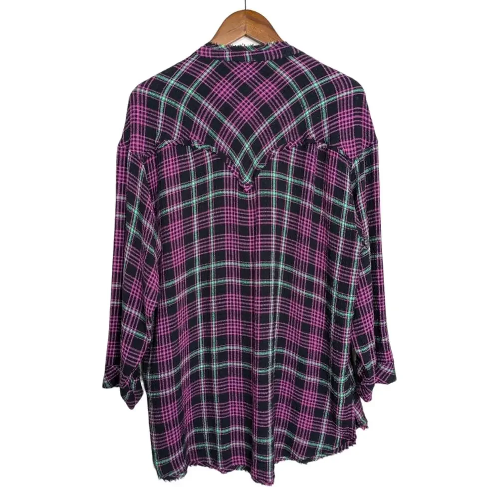 Free People Plaid About You Sleep Flannel Top XS Oversized Button Pink Black